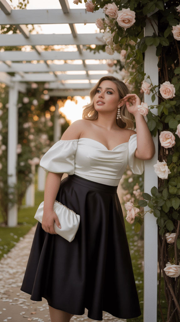 A plus-size woman in a black high-waisted skirt paired with a white off-shoulder top, smiling at a romantic wedding venue.