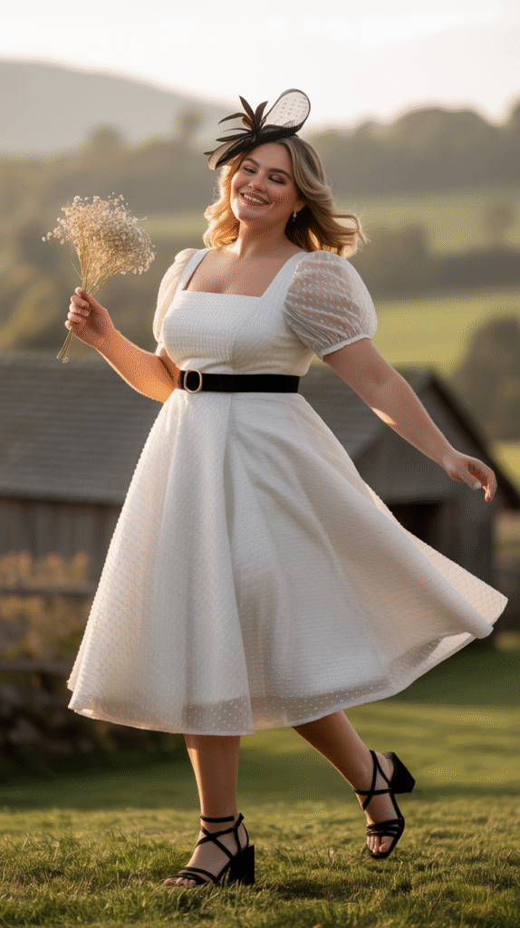 A plus-size woman twirling in a white fit-and-flare dress, accessorized with a black belt and black heels, at a garden wedding.