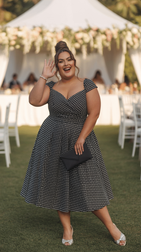 A plus-size woman in a black and white polka dot A-line dress, holding a black clutch, smiling at a daytime wedding reception.