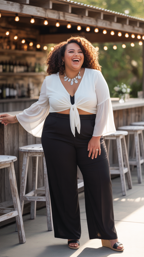 A plus-size woman in a crisp white blouse tucked into black palazzo pants, accessorized with a statement necklace, at a semi-formal wedding.