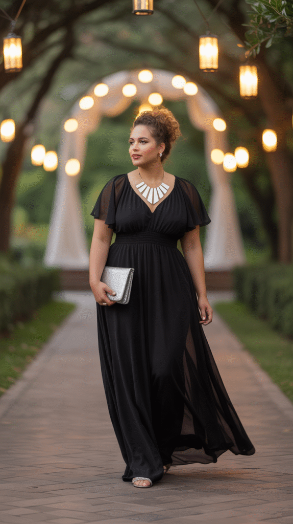 A plus-size woman in a flowing black maxi dress, adorned with a bold white necklace, attending a formal wedding ceremony.