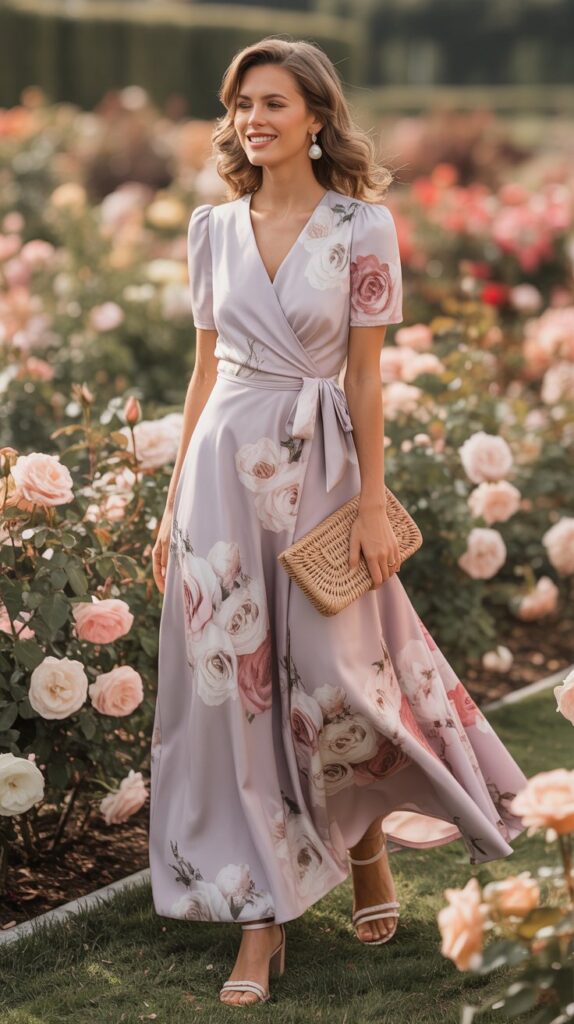 Wedding guest strolling through a rose garden venue in a pale floral lavender wrap dress scattered with painterly blooms. The breeze catches the hem, and a straw clutch in hand completes the look. Her soft curls are tucked behind one ear, revealing a pearl drop earring glinting in the sun.