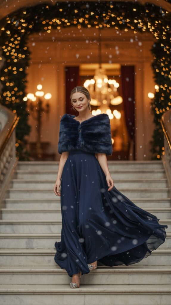 Under twinkling lights and falling snow, a guest in a navy gown descends a marble staircase. The fabric glistens like frost, and her faux fur stole adds a layer of vintage elegance.
