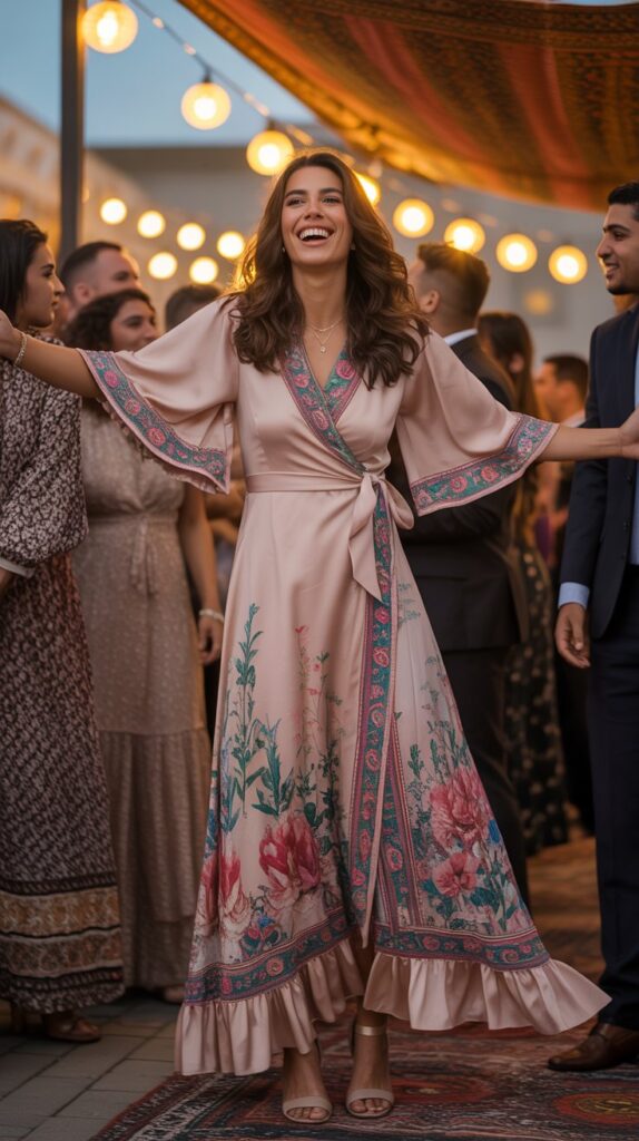In the golden haze of dusk, a guest laughs with friends in a wrap dress with flutter sleeves and a soft ruffle hem. The print dances with each step, echoing the relaxed joy of a summer soirée.