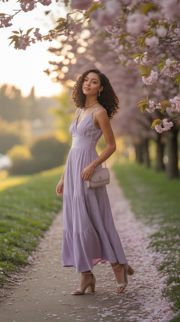 Woman in a lavender floral maxi dress walking through a spring garden.