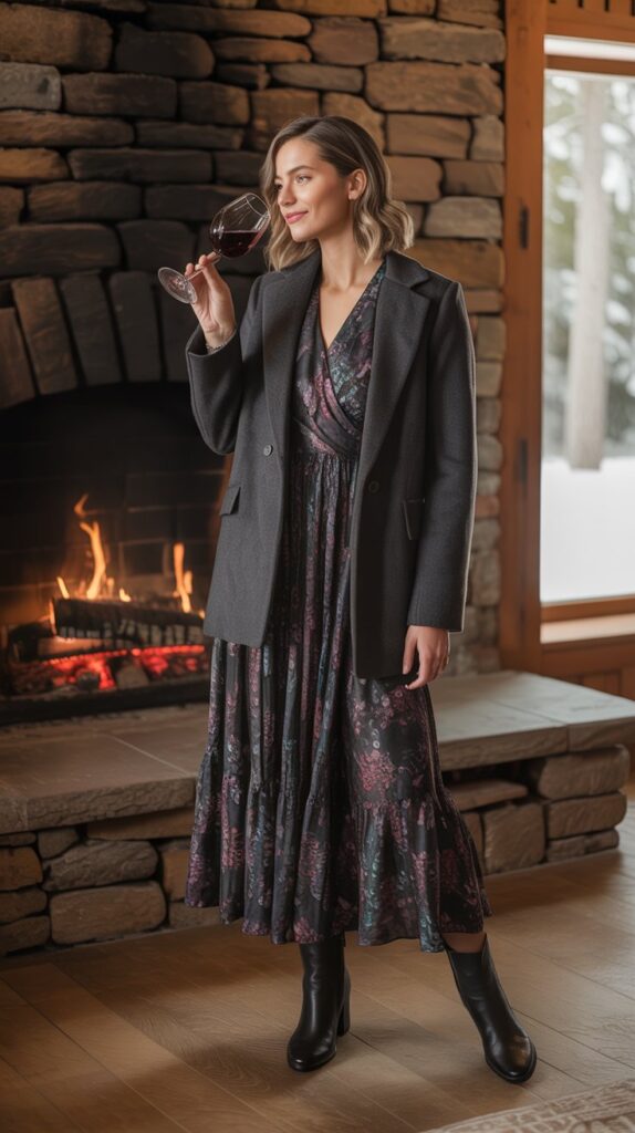 A guest stands by a fireplace at a cozy lodge venue, swirling wine in a midi dress with a moody floral print. Her boots and tailored wool coat pull the look together effortlessly.