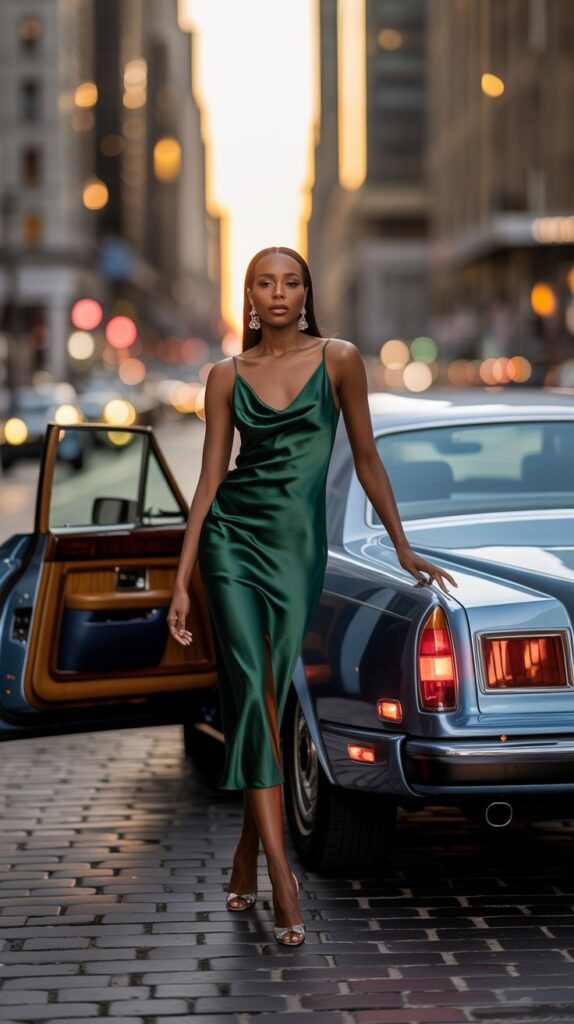 A guest steps out of a classic car in a deep green satin slip, her heels clicking on cobblestone as the sunset reflects off the city skyline. Sleek hair and statement earrings complete her look.