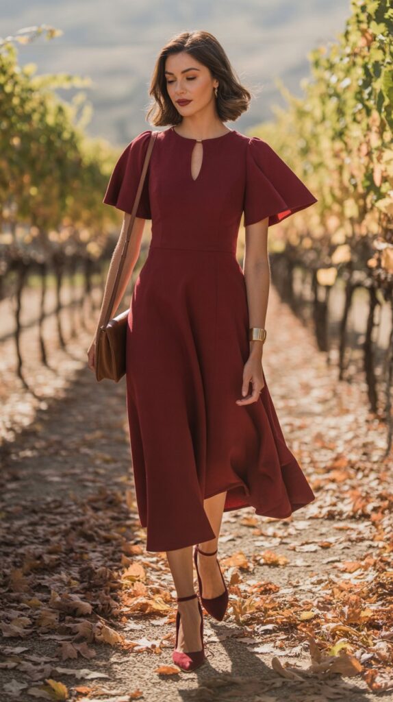 A guest glides across the vineyard grounds in a deep wine-colored midi with flutter sleeves and a keyhole neckline. Her suede heels crunch over fallen leaves, and a burgundy lip mirrors her dress. A leather crossbody and gold cuffs complete the cozy-luxe look.