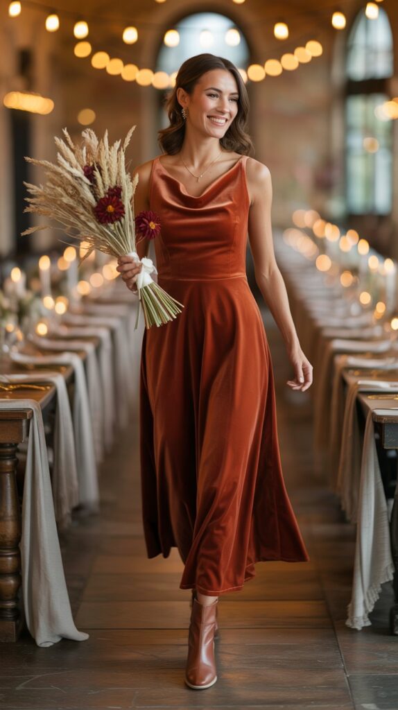 Beneath a canopy of amber leaves, a guest glides into the reception in a rust-colored velvet dress. Her look is warm, elegant, and totally in tune with the season’s earthy romance.