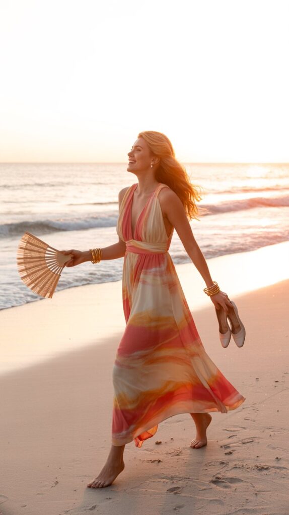 A guest arrives barefoot on the sand in a sunset-colored maxi with a plunging neckline and open back, holding her shoes in one hand and a woven fan in the other. Her gold bangles jingle as she moves, and the print mirrors the coral skies.