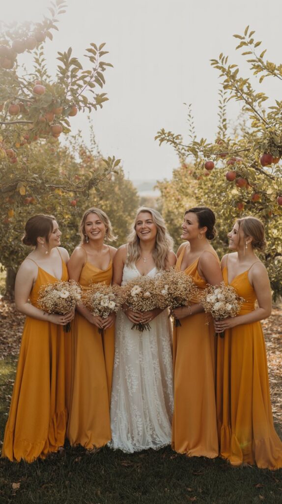 Bridesmaids in bright marigold gowns, sunny orchard fall wedding, cheerful vibe with cream and blush wildflower bouquets