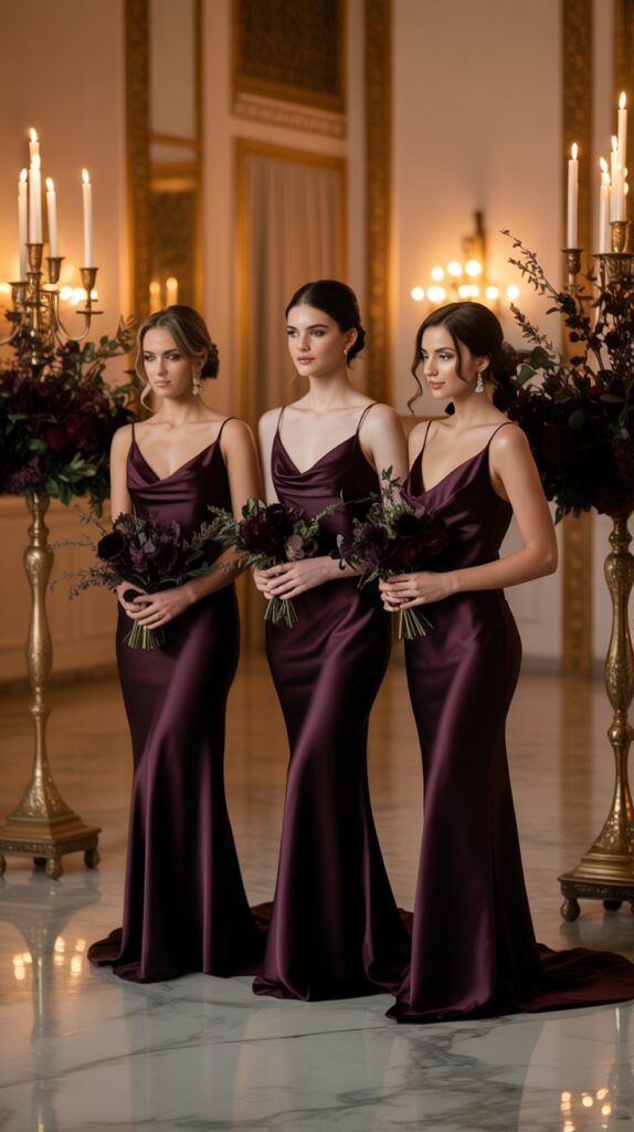 Elegant fall bridesmaids in deep plum satin dresses, indoor evening ceremony with gold accents, dark floral bouquets