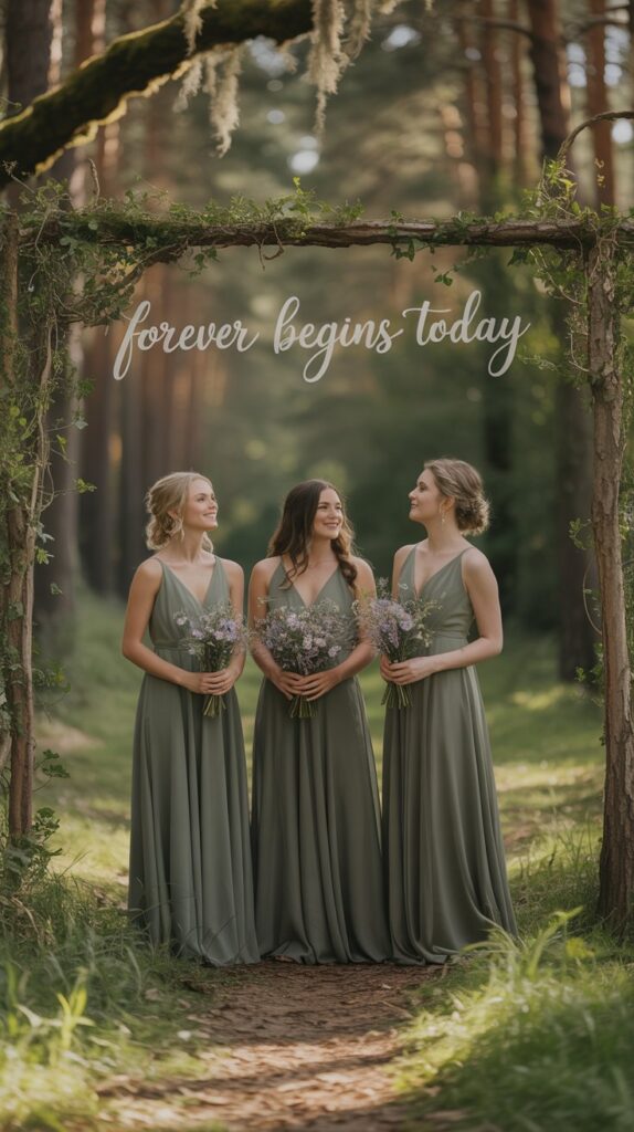 Bridesmaids in olive green chiffon gowns, holding wildflower bouquets in a forest wedding setting with natural wood and mossy green surroundings
