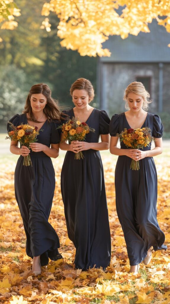 Classic fall wedding with bridesmaids in navy blue dresses, walking through autumn leaves, holding orange and mustard florals
