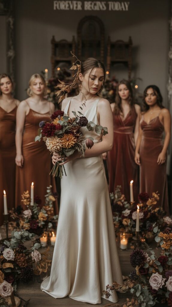 Dramatic fall wedding with bridesmaids in burnt sienna velvet gowns, moody lighting, candles, and dark floral arrangements