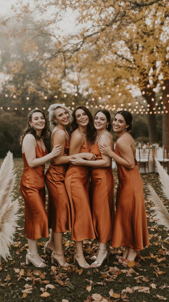 A group of diverse bridesmaids wearing rust orange satin dresses, standing in an outdoor autumn wedding setting with golden leaves and pampas grass, golden hour lighting