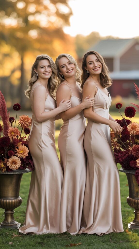 Bridesmaids in champagne satin gowns, standing outdoors during golden hour, surrounded by rust and burgundy fall florals