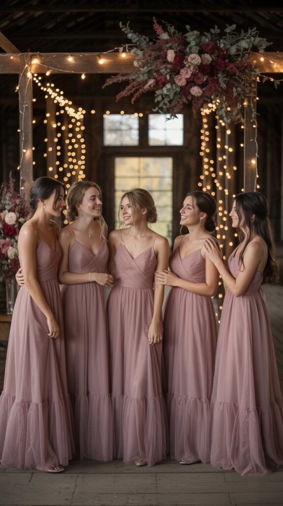 Bridesmaids in dusty rose tulle dresses, standing in a vintage barn with string lights and burgundy floral arrangements, romantic fall wedding vibe