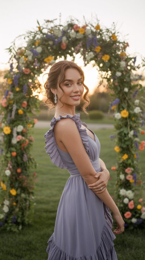 Olive-skinned woman in deep lavender ruffle dress walking through flowers at a spring garden wedding.