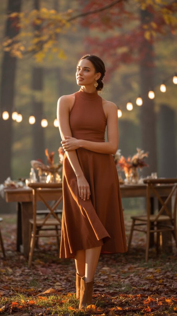 Olive-skinned woman in burnt sienna dress at a cozy forest wedding during fall.