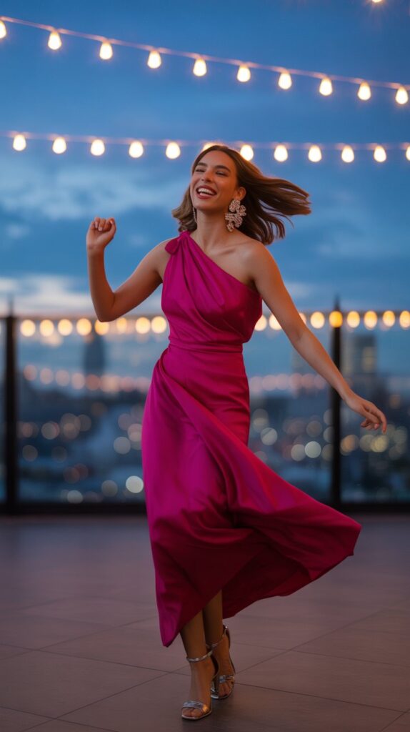  Medium-skinned woman in fuchsia one-shoulder dress dancing at a rooftop wedding with city views.