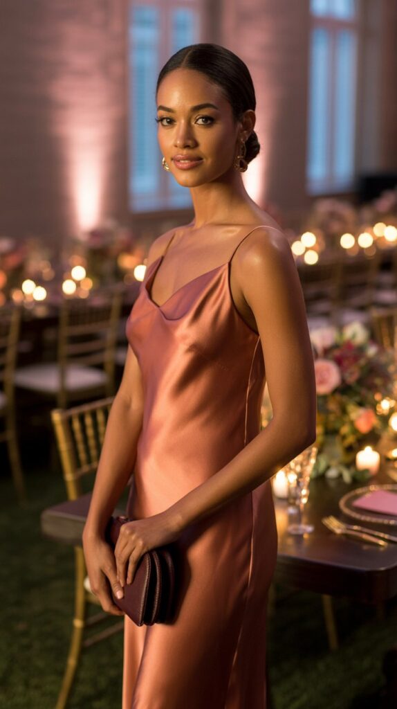 Medium-skinned woman in copper slip dress at a candlelit evening wedding indoors.