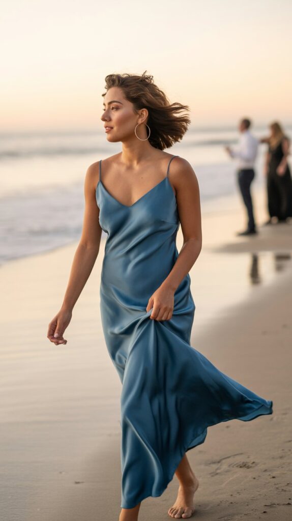 Olive-skinned woman in cobalt slip dress walking on sand at a seaside wedding during sunset.