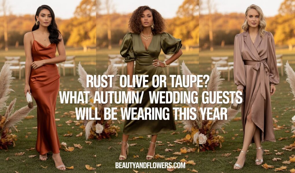 Three women in rust, olive, and taupe wedding guest outfits standing outdoors at a fall wedding venue with autumn leaves, golden light, and elegant styling.