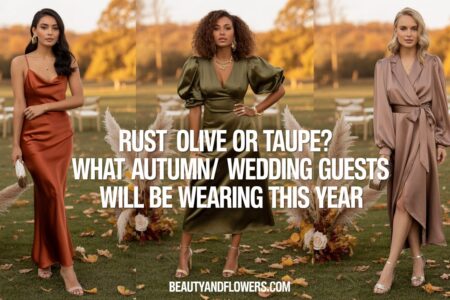 Three women in rust, olive, and taupe wedding guest outfits standing outdoors at a fall wedding venue with autumn leaves, golden light, and elegant styling.