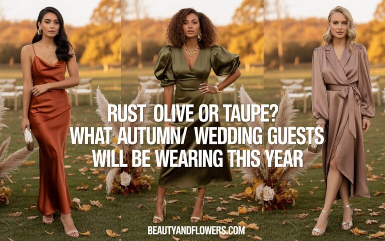 Three women in rust, olive, and taupe wedding guest outfits standing outdoors at a fall wedding venue with autumn leaves, golden light, and elegant styling.