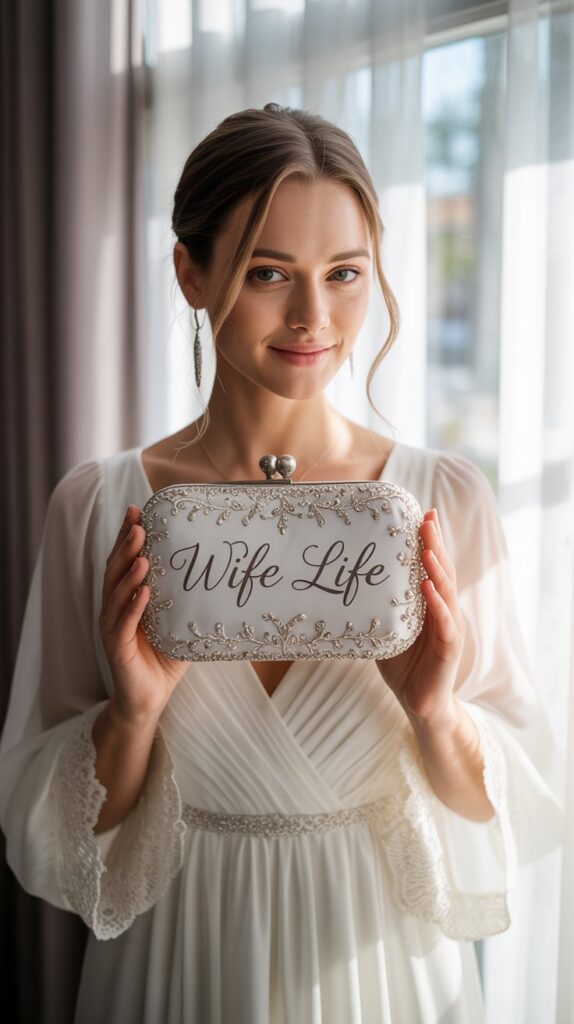 Bride holding a personalized pearlescent clutch.