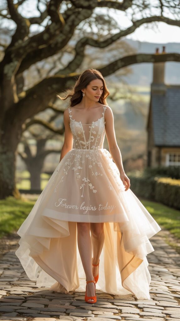 Bride in ivory high-low tulle dress with floral appliqué and orange peep-toe heels walking outdoors.