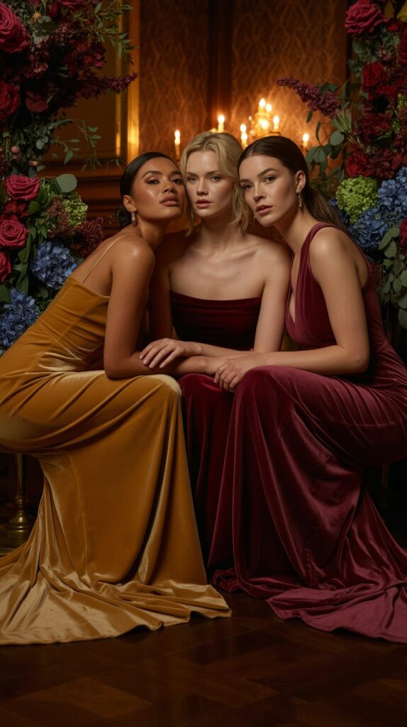 Bridesmaids in velvet marigold and burgundy gowns pose inside a moody fall wedding space lit by golden candles and filled with jewel-toned florals.