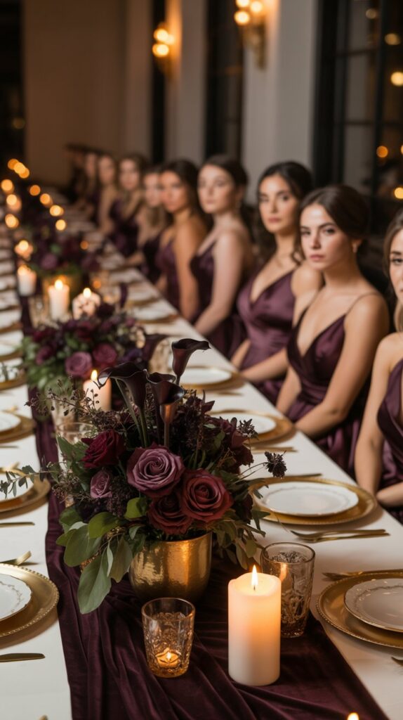 Bridesmaids wear rich plum and fig gowns. Tables are dressed in velvet runners with gold-rimmed dinnerware. Dark florals overflow from low vases with flickering pillar candles and antique brass details.