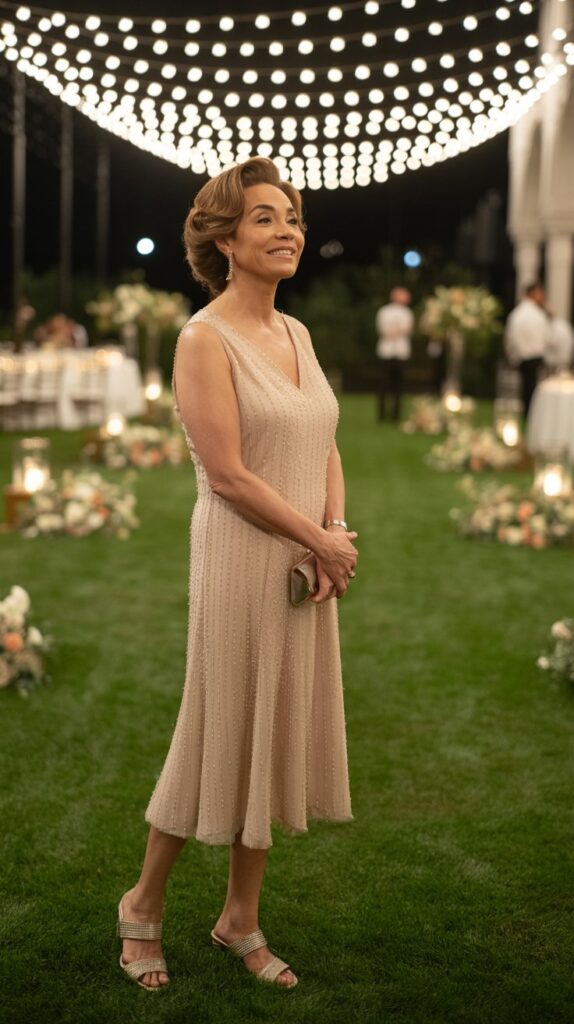 mother of the groom in a sparkly champagne tea-length gown at an evening wedding reception.