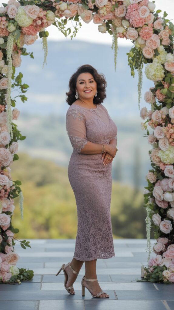 Mother of the groom in a mauve lace sheath dress with sheer sleeves at a romantic wedding ceremony.