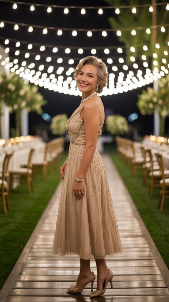 mother of the groom in a sparkly champagne tea-length gown at an evening wedding reception.
