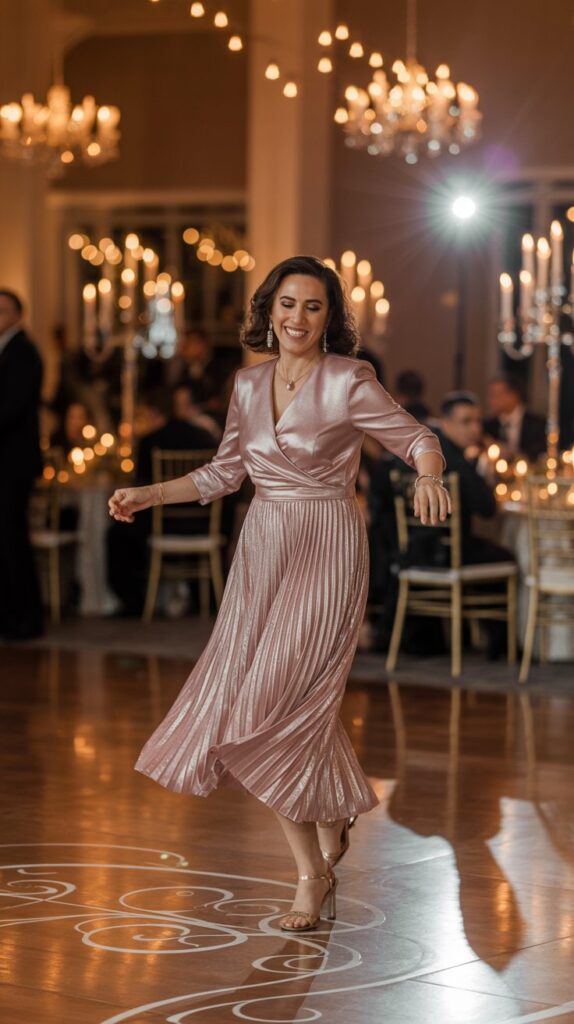  Mother of the groom in a pleated rose gold metallic dress dancing at an evening wedding.