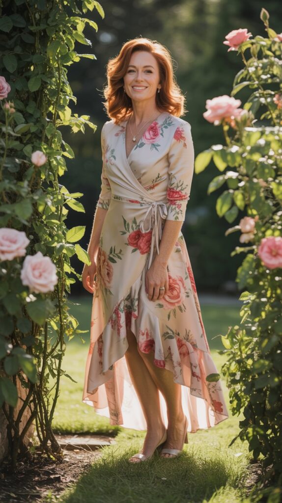 Mother of the groom wearing a floral wrap dress with flounce hem at a daytime outdoor wedding.