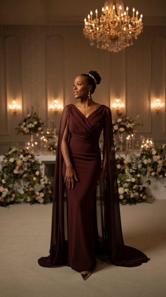 Mother of the groom in a burgundy chiffon-overlay gown at an evening wedding.