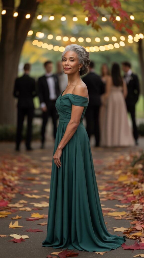 mother of the groom in a forest green off-shoulder gown at a fall evening wedding.