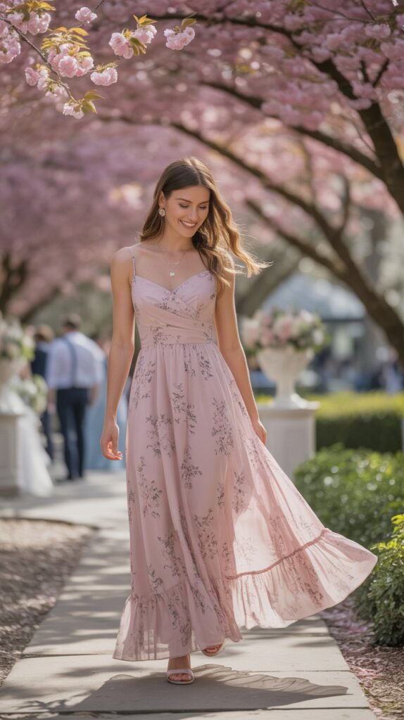 woman in pink floral maxi with ruffle hem, walking through cherry blossom garden during spring wedding.
