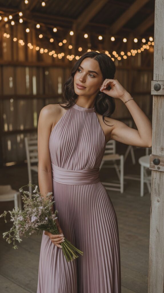 woman in pleated mauve halter neck maxi, rustic barn wedding with string lights.