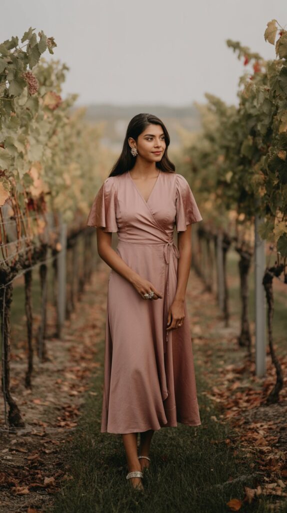 woman in a dusty rose wrap midi with flutter sleeves, standing in vineyard rows, autumn light.