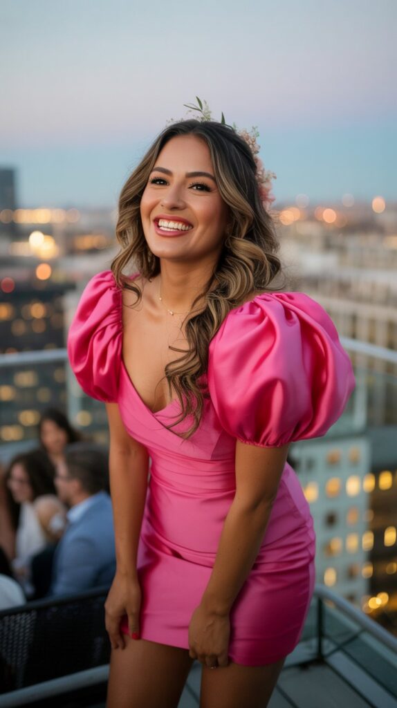 Latina woman in a hot pink puff sleeve ruffled mini dress, rooftop city wedding setting, golden hour.