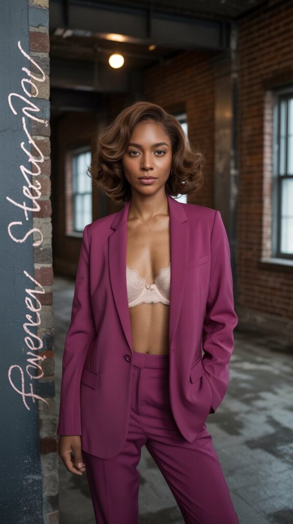  woman in tailored fuchsia suit and lace bralette, urban industrial wedding with exposed brick.
