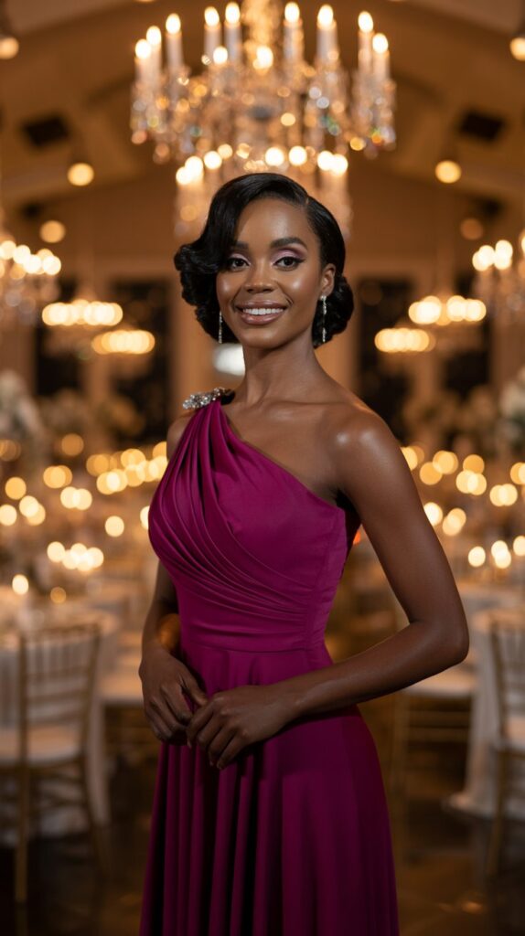 woman in a magenta one-shoulder floor-length dress, elegant ballroom with candles and chandeliers.