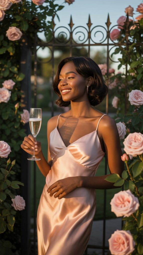 Black woman in a blush satin slip dress with delicate straps, standing in a rose garden at sunset, holding a champagne glass, romantic golden hour lighting.