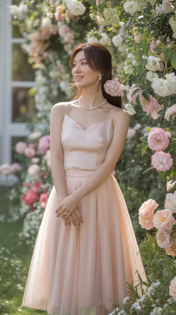 woman in pale pink tulle midi skirt and satin cami, floral garden party, soft pastel tones.