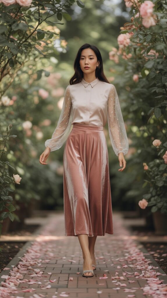 East Asian woman in a blush velvet midi skirt and sheer ivory blouse walking through a rose-lined garden path at a botanical wedding.